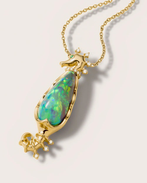 One of a Kind Australian Black Opal, Emerald and Diamond Seahorse Necklace