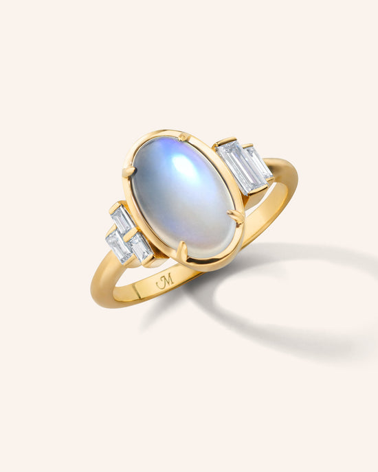 Special Edition Rainbow Moonstone Ring with Baguette Diamonds