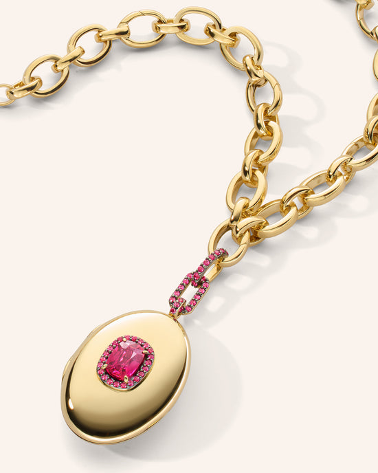 Special Edition Elongated Ruby Oval Locket, on Audrey Chain