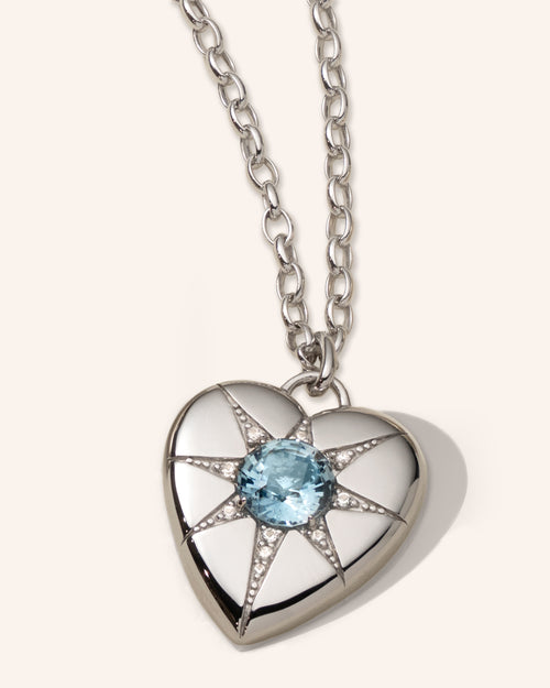Special Edition Sterling Silver Heart Necklace with Cushion Aquamarine and White Sapphires