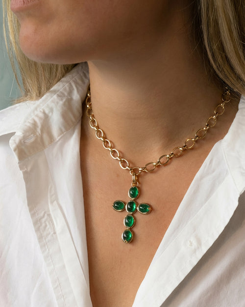 Special Edition Emerald Cabochon Cross Charm Necklace