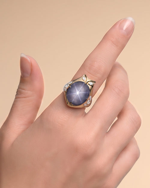 Special Edition Owl Ring with Center Star Sapphire and Marquis Diamond Accents