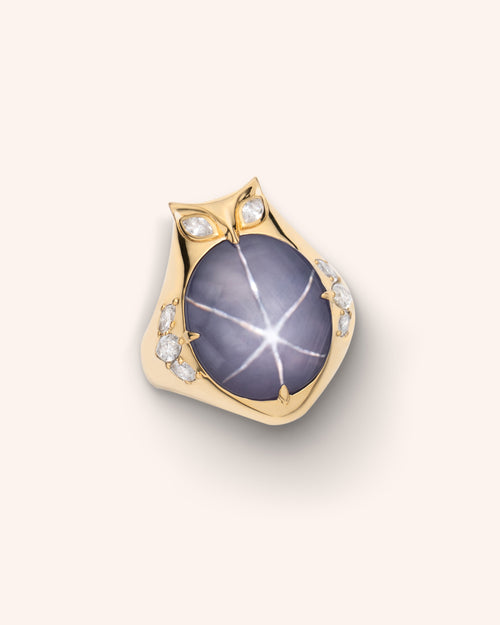 Special Edition Owl Ring with Center Star Sapphire and Marquis Diamond Accents
