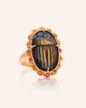 Special Edition Spectrolite Carved Scarab Ring with Spessartite Garnet and Yellow Sapphires