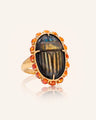 Special Edition Spectrolite Carved Scarab Ring with Spessartite Garnet and Yellow Sapphires