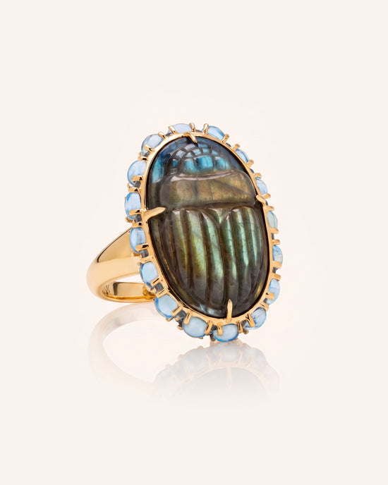 Special Edition Spectrolite Carved Scarab Ring with Sky Blue Topaz Cabochons and Blue Sapphires