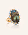 Special Edition Spectrolite Carved Scarab Ring with Sky Blue Topaz Cabochons and Blue Sapphires