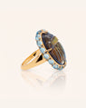 Special Edition Spectrolite Carved Scarab Ring with Sky Blue Topaz Cabochons and Blue Sapphires