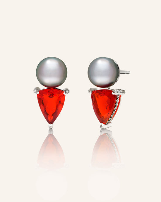 Special Edition Pearl and Mexican Fire Opal Earrings in 18K White Gold