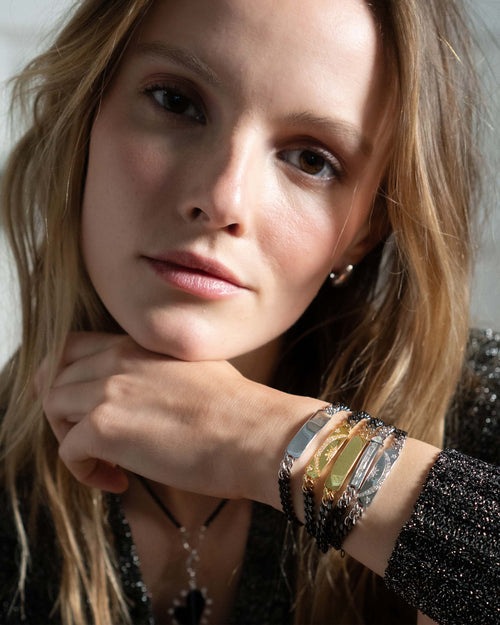 "Sun, Moon, and Stars" Black Steel Poesy Bracelet with White Sapphires