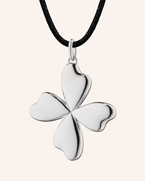 "Lucky" Four Leaf Clover in Sterling Silver on A Black Silk Cord