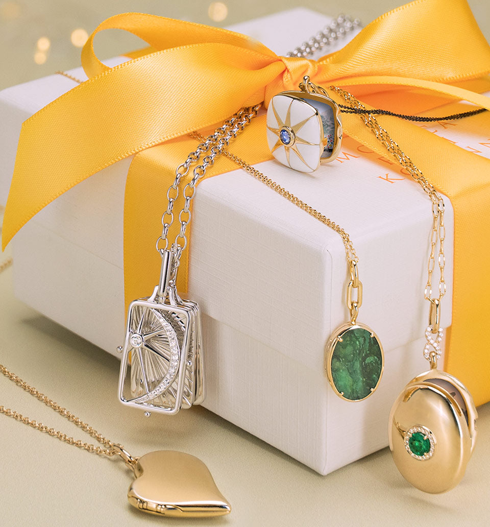 Assorted Locket in 18k Gold & Sterling Silver on Holiday Jewelry Gift box