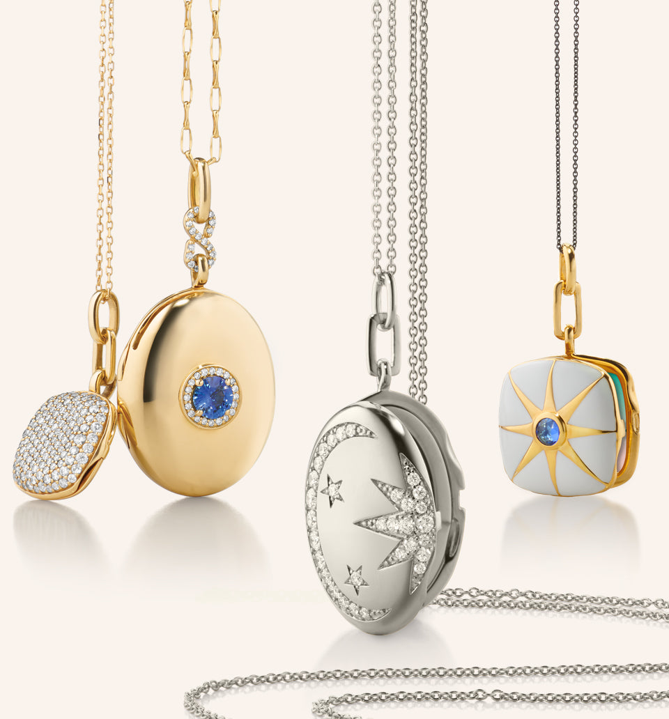 Locket Collection Featuring Rae Diamond Locket, Sapphire Infinity Locket, Galaxy Silver Locket and White Enamel Locket X Color