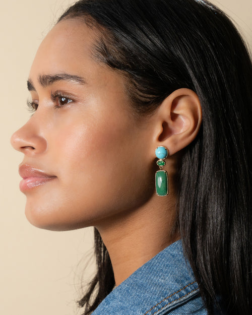 Special Edition "Terra" Drop Earrings with Turquoise, Emerald and Verdite Cabochons