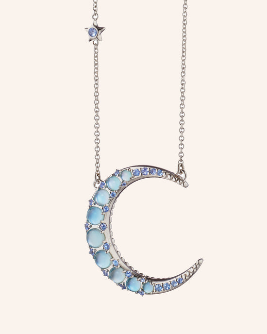 Sun, Moon and Stars Blue Topaz Crescent Moon Necklace