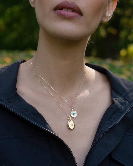 18K Yellow Gold Petite Oval Diamond Star Locket with Adjustable Chain