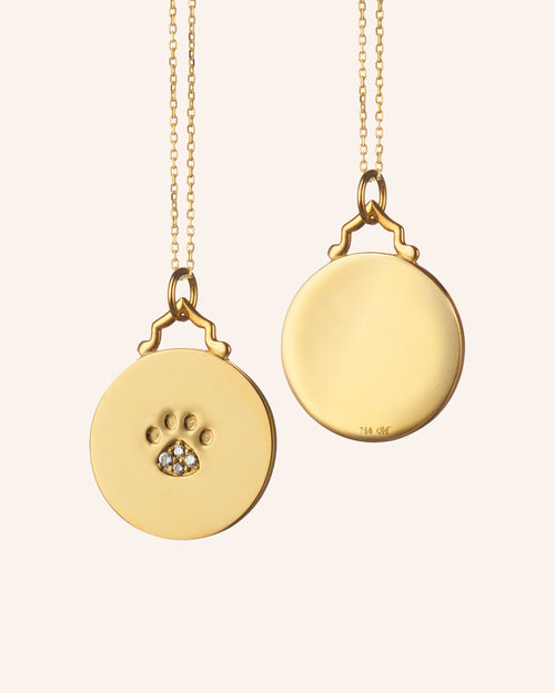 18k gold engravable paw print necklace with diamonds on 17" chain
