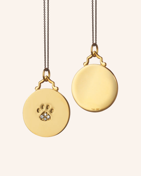 18k gold engravable paw print necklace with diamonds on steel chain