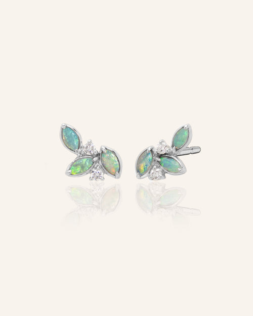 Crystal Opal Leaf Cluster Earrings in Sterling Silver