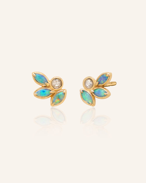 Opal Leaf Cluster Earrings with Single Bezel Set Diamond
