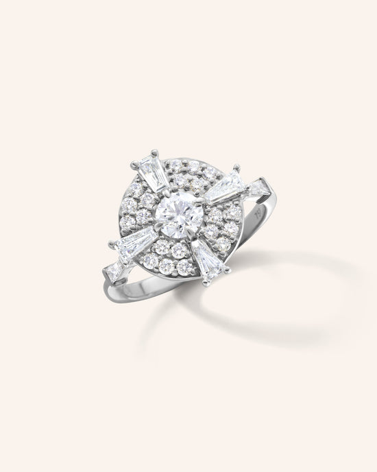 Points North Diamond 18K White Gold Ring with Round and Tapered Baguette Diamonds