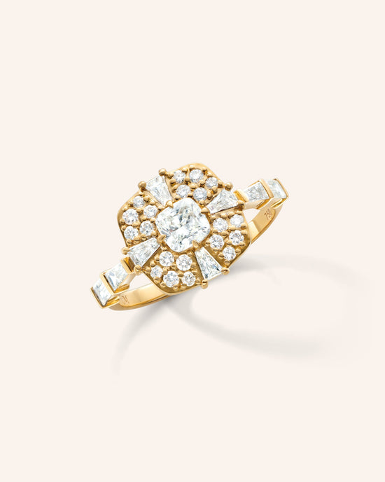 Points North Diamond Ring with Cushion, Baguette and Round Diamonds