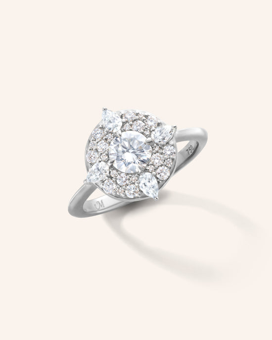 Points North Diamond 18K White Gold Ring with Round and Pear Shaped Diamonds