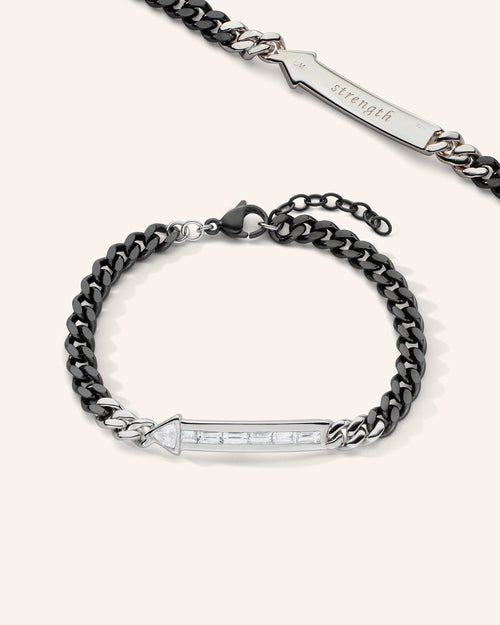 "Strength" Arrow Black Steel Poesy Bracelet with White Sapphires