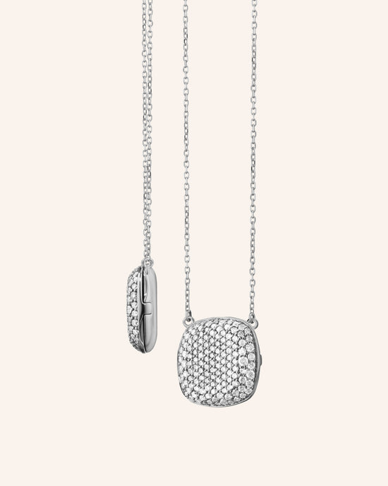 Slim "Rae" Fixed Locket Necklace with Pavé White Sapphires