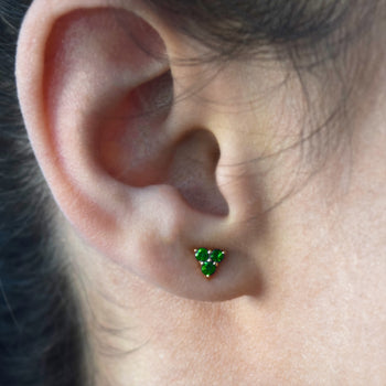 18K Yellow Gold and Emerald Stud Earrings, 3 Emeralds