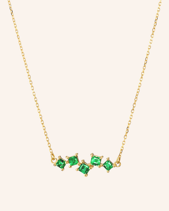 Recycled 18K Yellow Gold and Princess Cut Emerald Necklace, 5 Emeralds