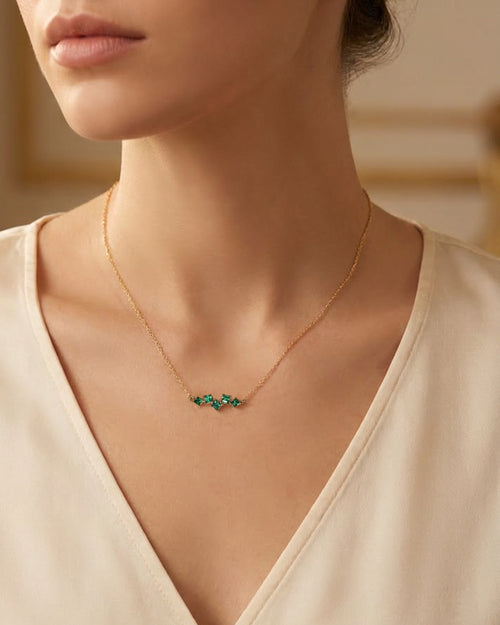 Recycled 18K Yellow Gold and Princess Cut Emerald Necklace, 5 Emeralds