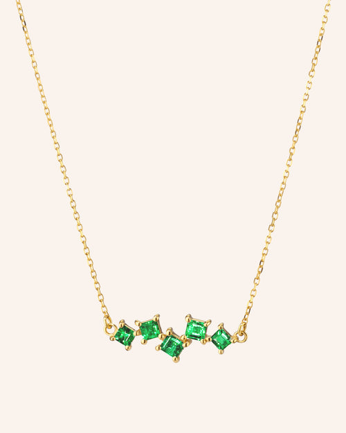 Recycled 18K Yellow Gold and Princess Cut Emerald Necklace, 5 Emeralds