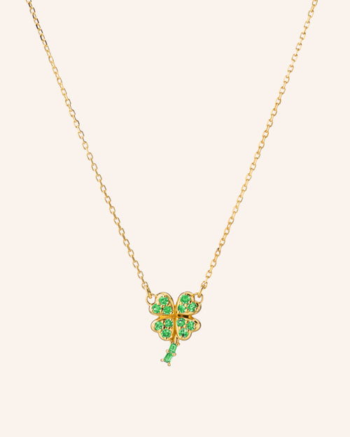 Reclaimed 18K Yellow Gold and Round and Baguette Emerald Clover Necklace