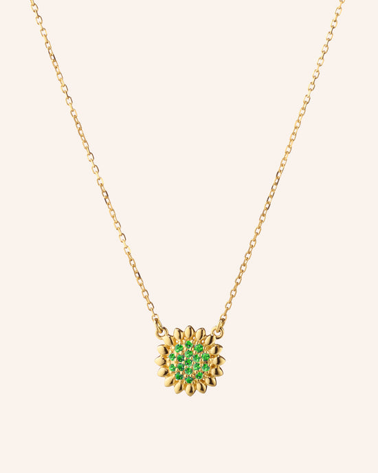 Reclaimed 18K Yellow Gold and Round Emerald Sunflower Necklace