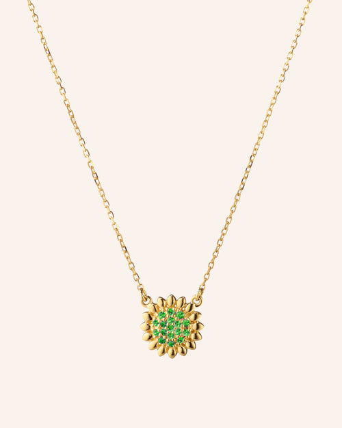 Reclaimed 18K Yellow Gold and Round Emerald Sunflower Necklace