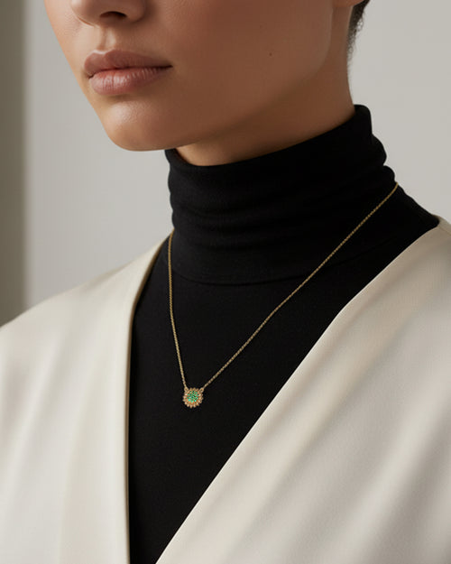 Reclaimed 18K Yellow Gold and Round Emerald Sunflower Necklace