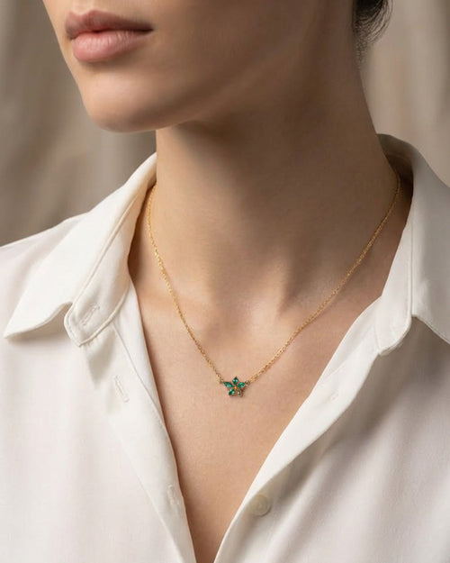 Reclaimed 18K Yellow Gold and Marquis Emerald Star Necklace
