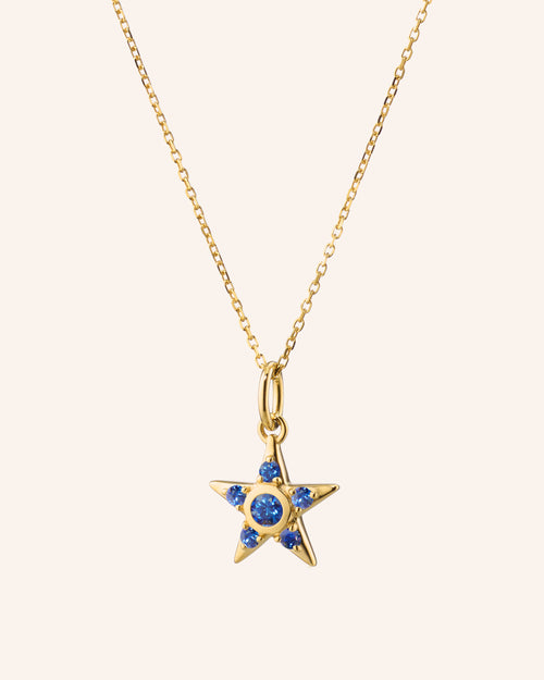 Reclaimed 18K Yellow Gold and Round Blue Sapphire Star Necklace