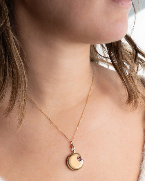 Round 18K Yellow Gold Locket Necklace with Ruby Heart