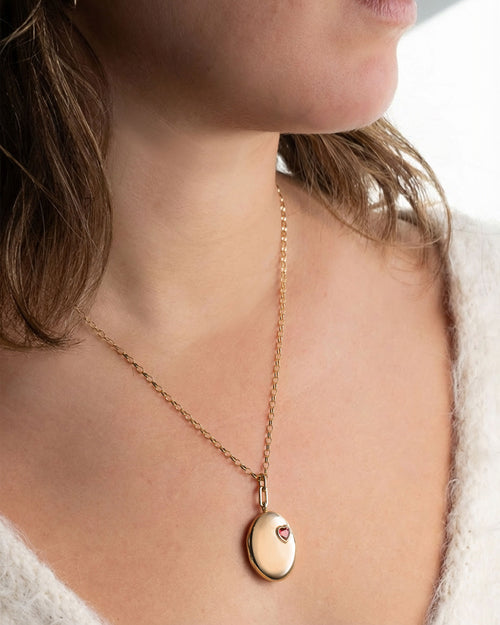 Oval 18K Yellow Gold Locket Necklace with Ruby Heart