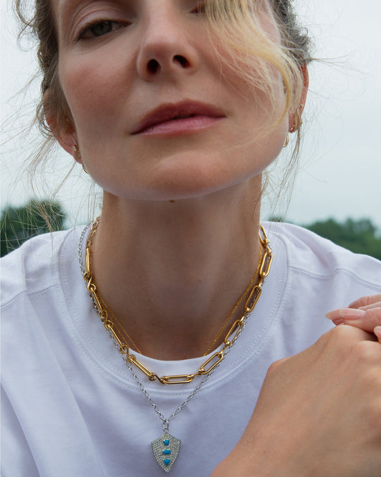 Fearless Shield with Turquoise and Pave White Sapphires with 18k Gold Classic infinity Chain 