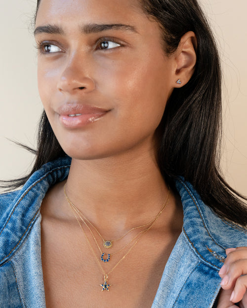 Reclaimed 18K Yellow Gold and Round Blue Sapphire Necklaces and Earrings