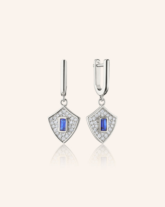 Fearless Shield Earrings with Blue Sapphire Baguette and White Sapphires