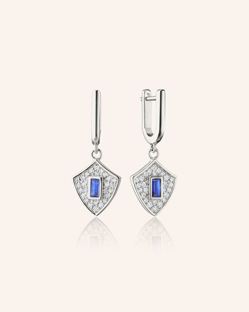 Fearless Shield Earrings with Blue Sapphire Baguette and White Sapphires