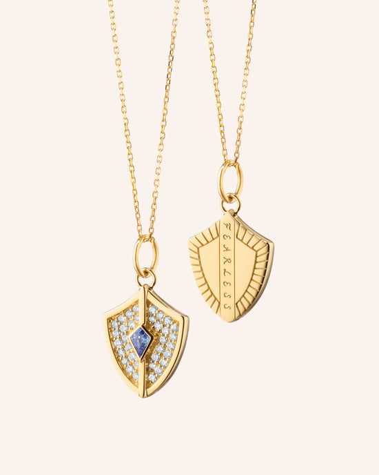 Mini Fearless Shield Charm with Pave Diamonds and Kite Blue Sapphire