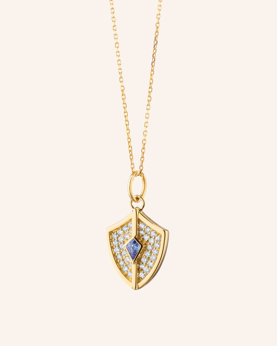 Mini Fearless Shield Charm with Pave Diamonds and Kite Blue Sapphire