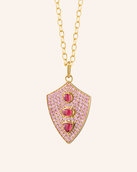Fearless Shield with Pave Pink Sapphires and Rhodolite