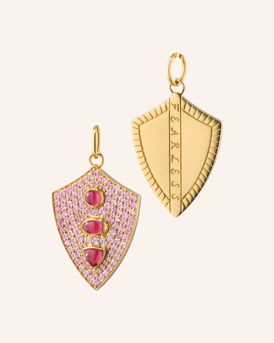 Fearless Shield with Pave Pink Sapphires and Rhodolite
