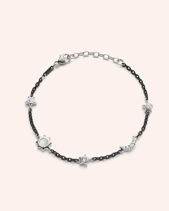 Sun, Moon and Stars Moonstone and White Sapphire Steel Chain Bracelet